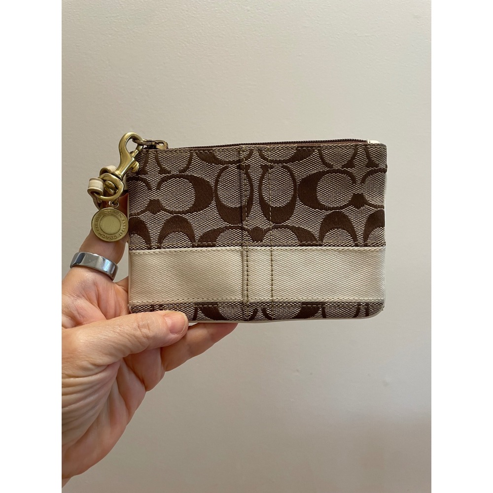 Coach Vintage Small Wristlet Signature Canvas Brown Cream Brass Charm 40028